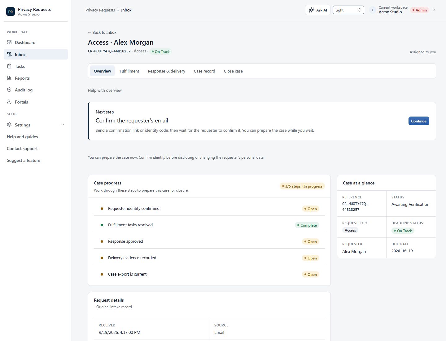 Access request for Alex Morgan, assigned to the current operator, with an on-track deadline, the next verification step, and five workflow milestones.
