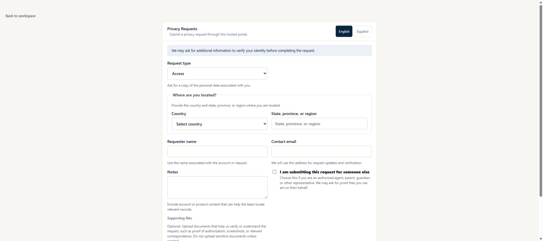 Hosted intake form showing request type, location and requester details