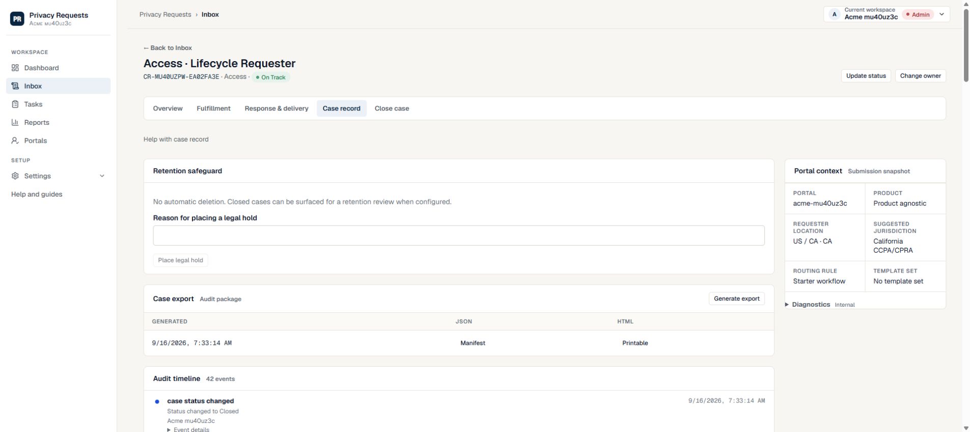 Case export section and audit timeline showing the case closure event