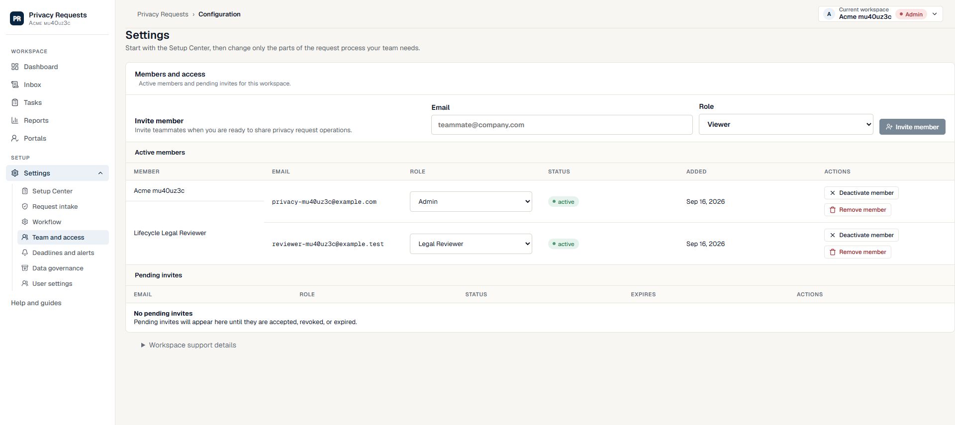 Workspace members showing separate administrator and Legal Reviewer roles