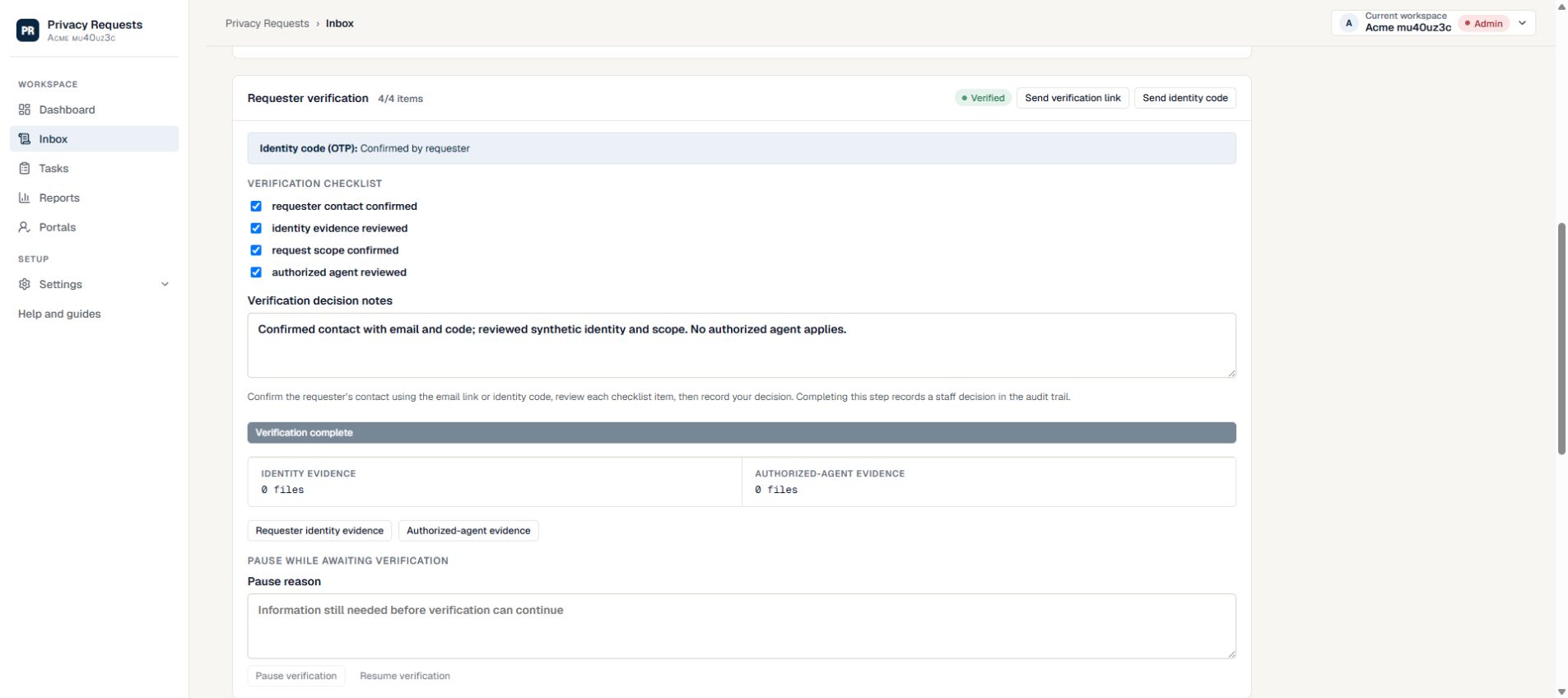 Requester verification with confirmed contact and four human-review checklist items